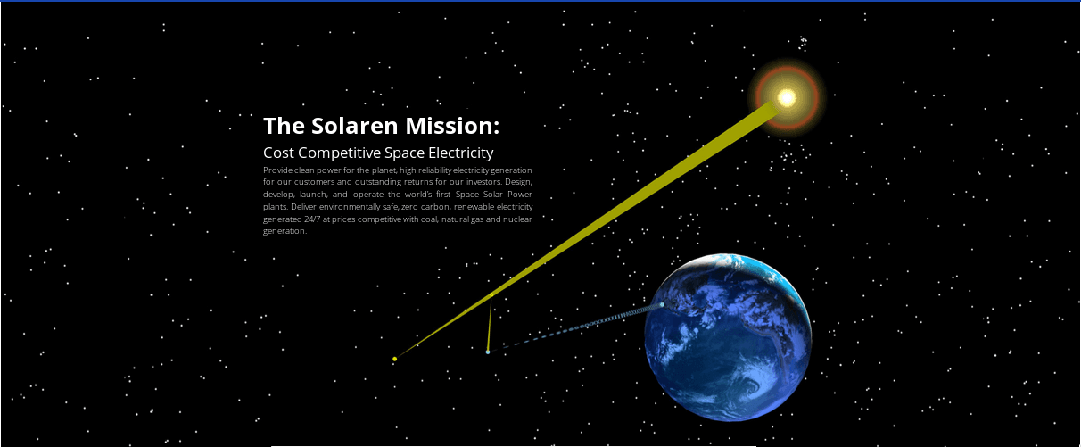 Illustration of the Solaren Mission demonstrating cost competitive space electricity generation sent to Earth