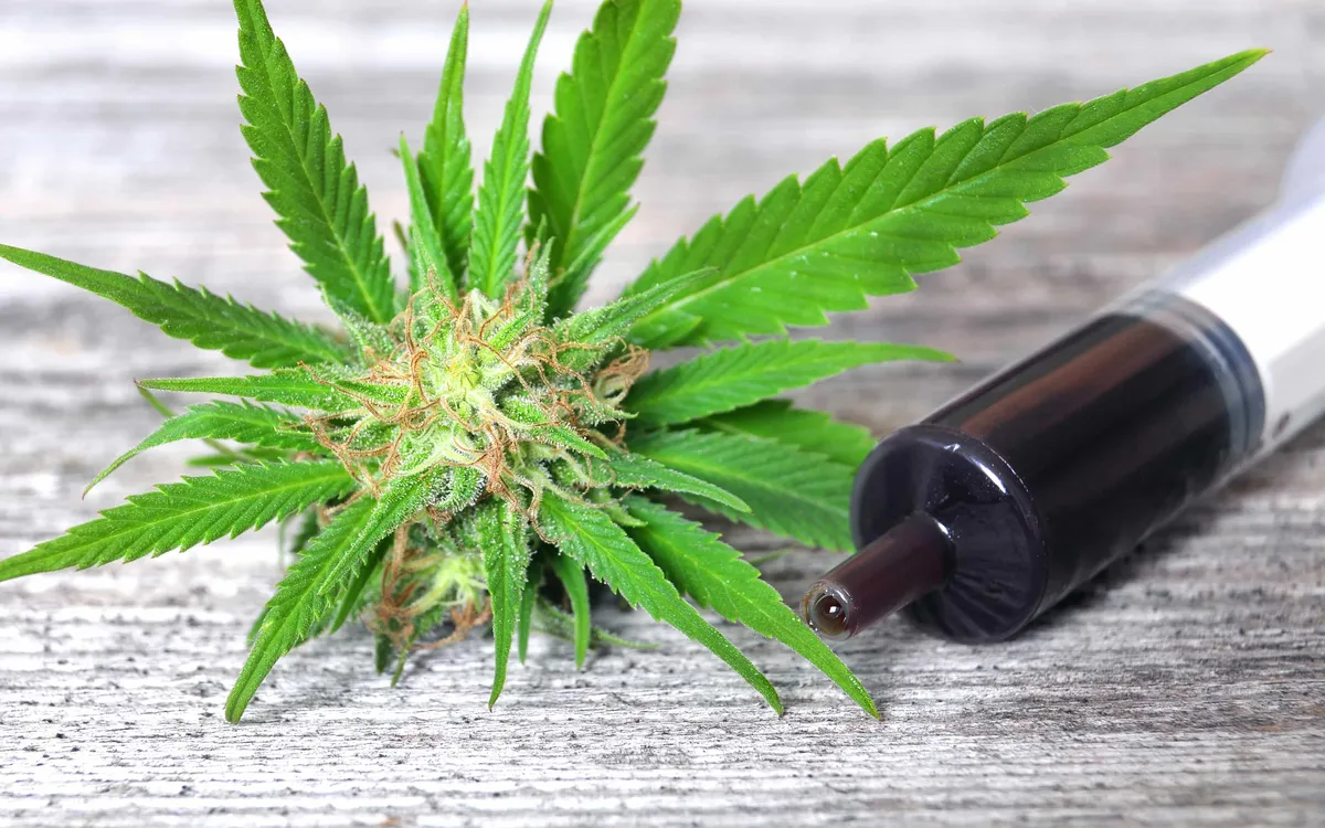 Cannabis bud with a syringe of Rick Simpson Oil (RSO) on a wooden surface.