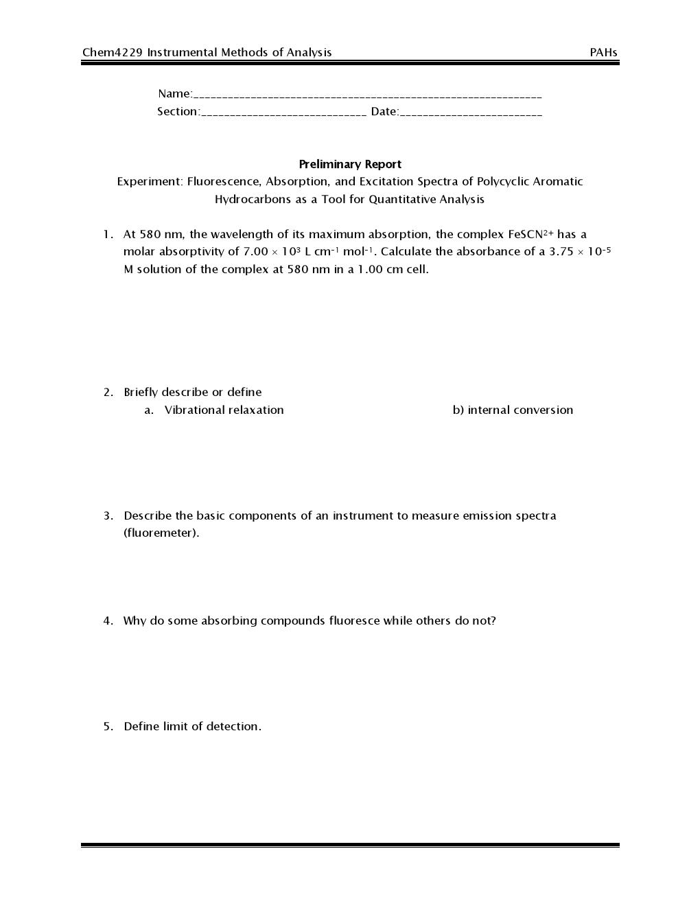 01 Fluorescence Of Polycyclic Aromatic Hydrocarbons Prelab Questions 000