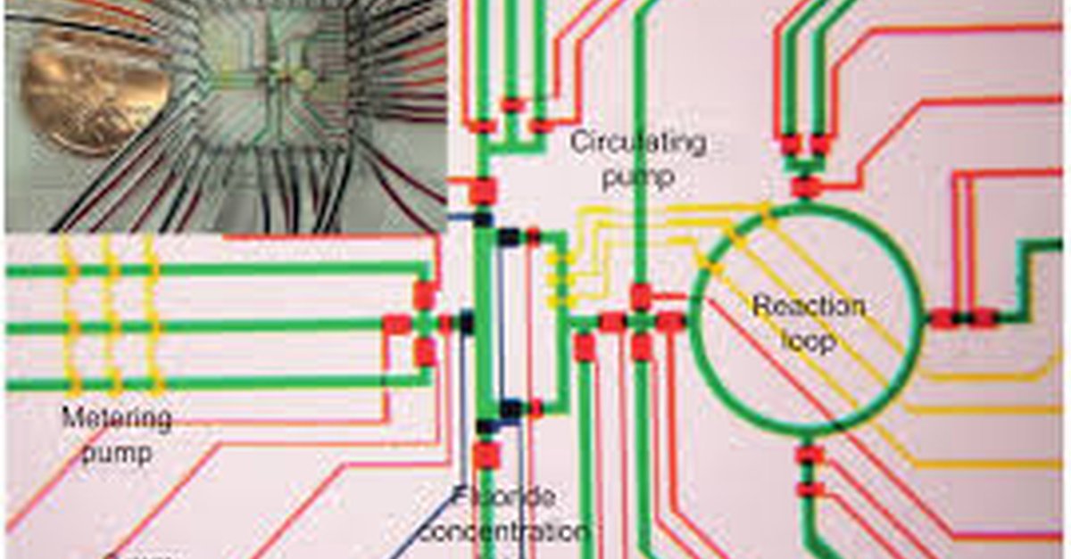 Microfluidics schematic showing fluid flow pathways and components