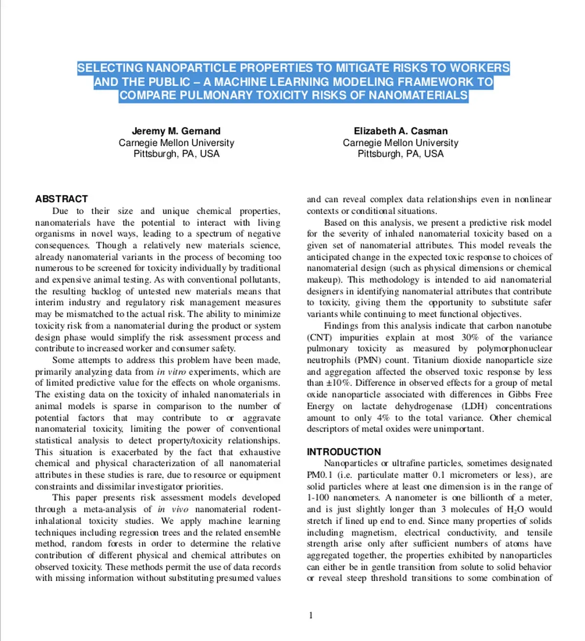 SELECTING NANOPARTICLE PROPERTIES TO MITIGATE RISKS TO WORKERS AND THE PUBLIC – A MACHINE LEARNING MODELING FRAMEWORK TO COMPARE PULMONARY TOXICITY RISKS OF NANOMATERIALS