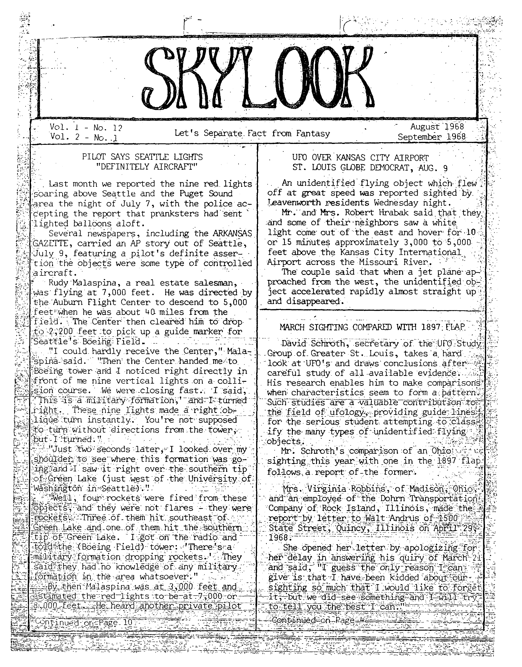 Complete text and images from the MUFON UFO Journal - 1968 8.-9. August_September - Skylook issue of the MUFON UFO Journal.