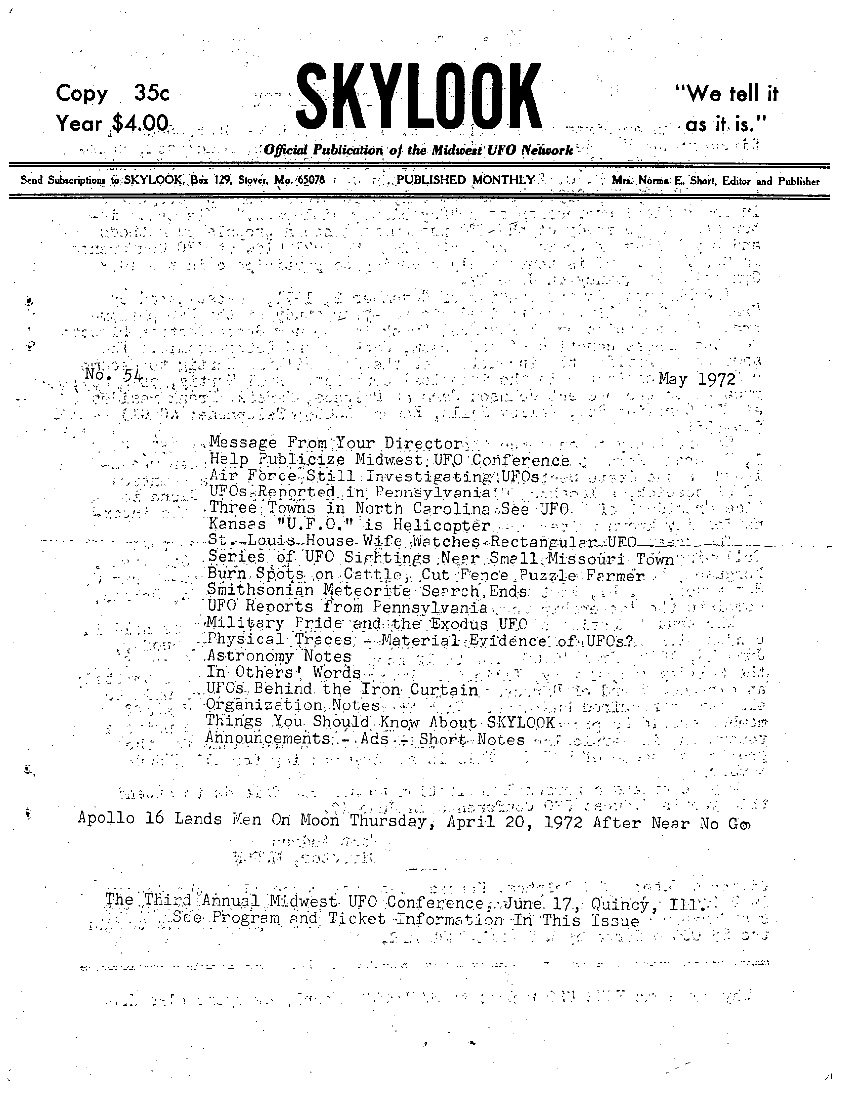 Complete text and images from the MUFON UFO Journal - 1972 5. May - Skylook issue of the MUFON UFO Journal.