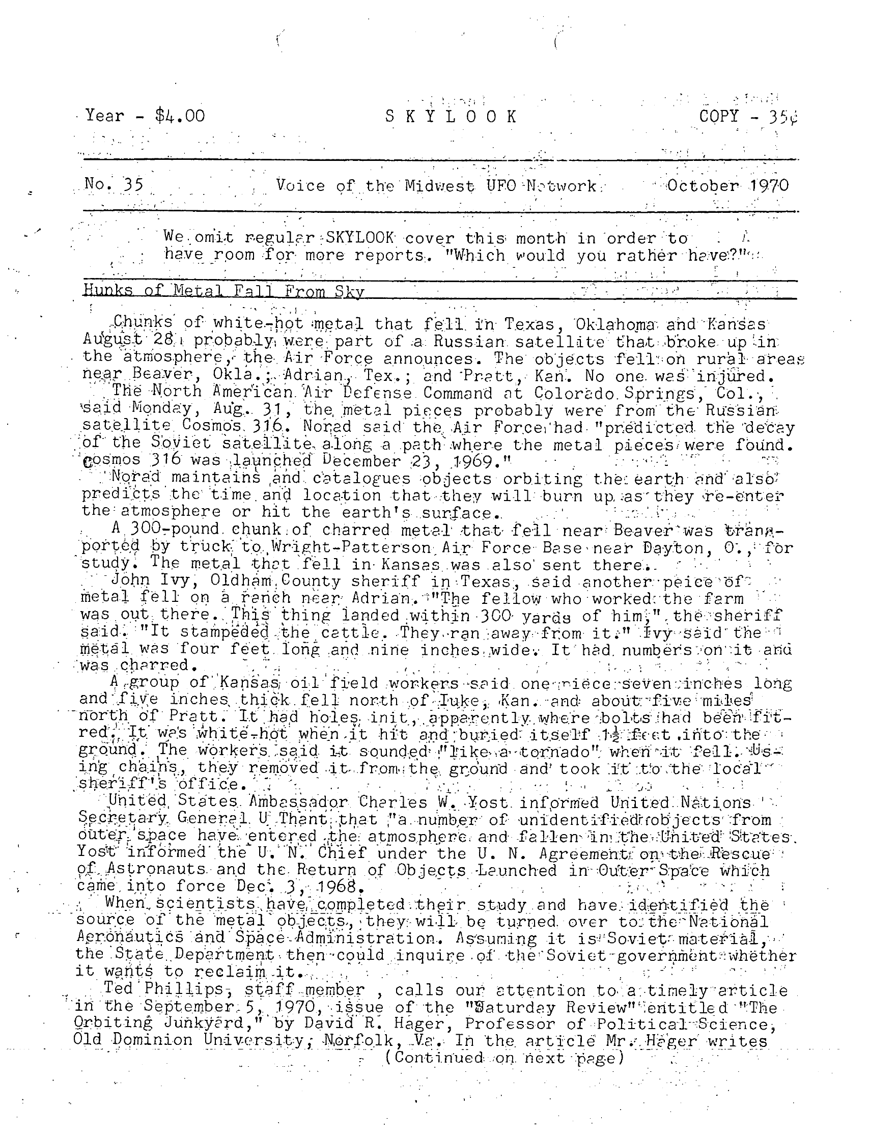 Mufon Ufo Journal 1970 10 October Skylook Page 1