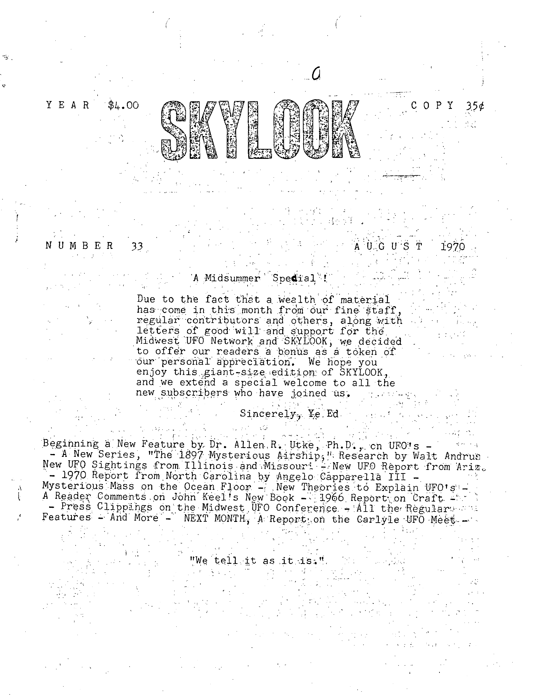Mufon Ufo Journal 1970 8 August Skylook Page 1