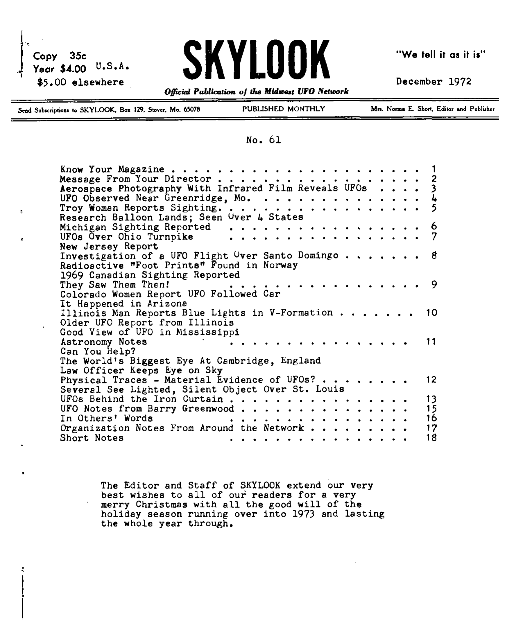 Mufon Ufo Journal 1972 12 December Skylook Page 1