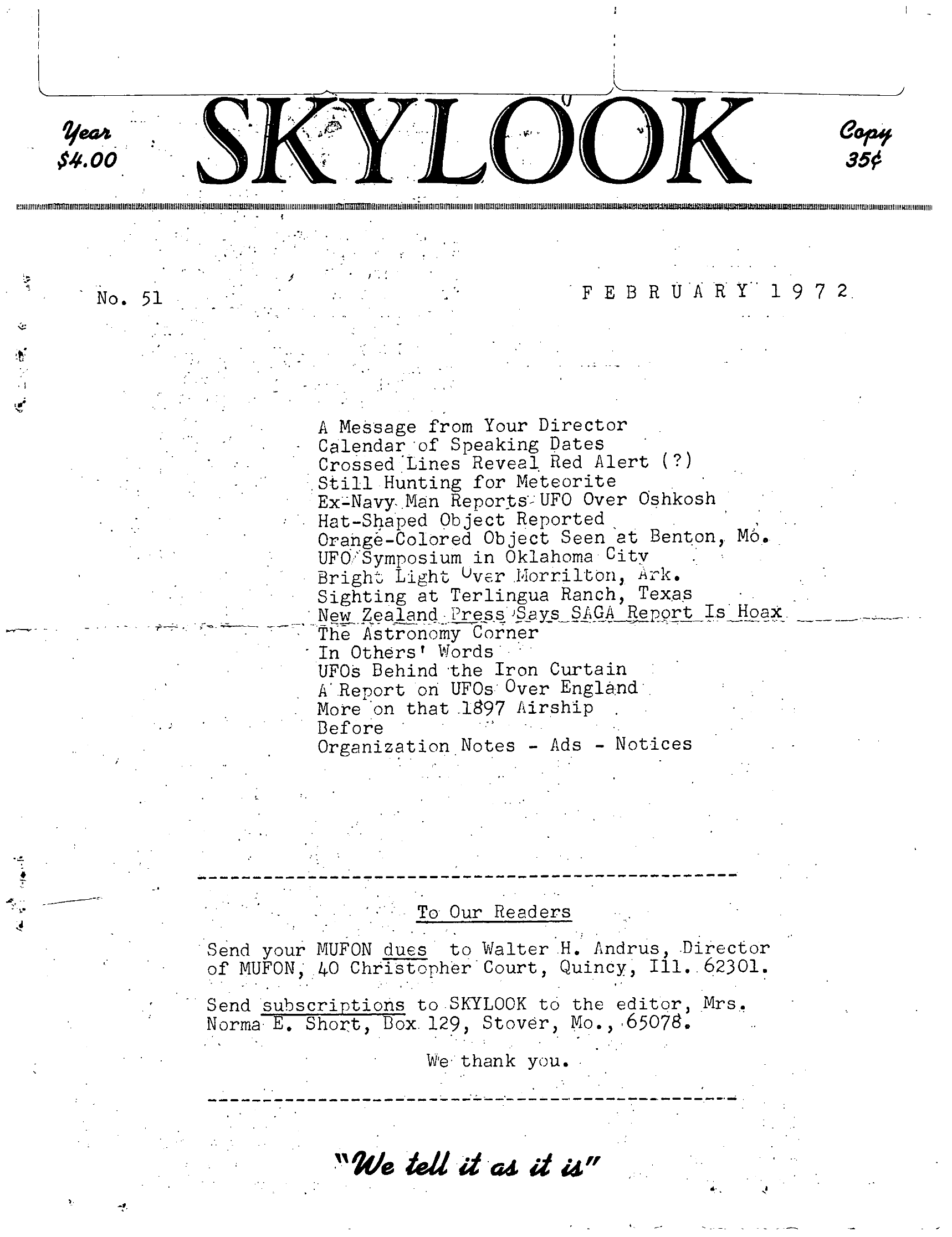 Mufon Ufo Journal 1972 2 February Skylook Page 1