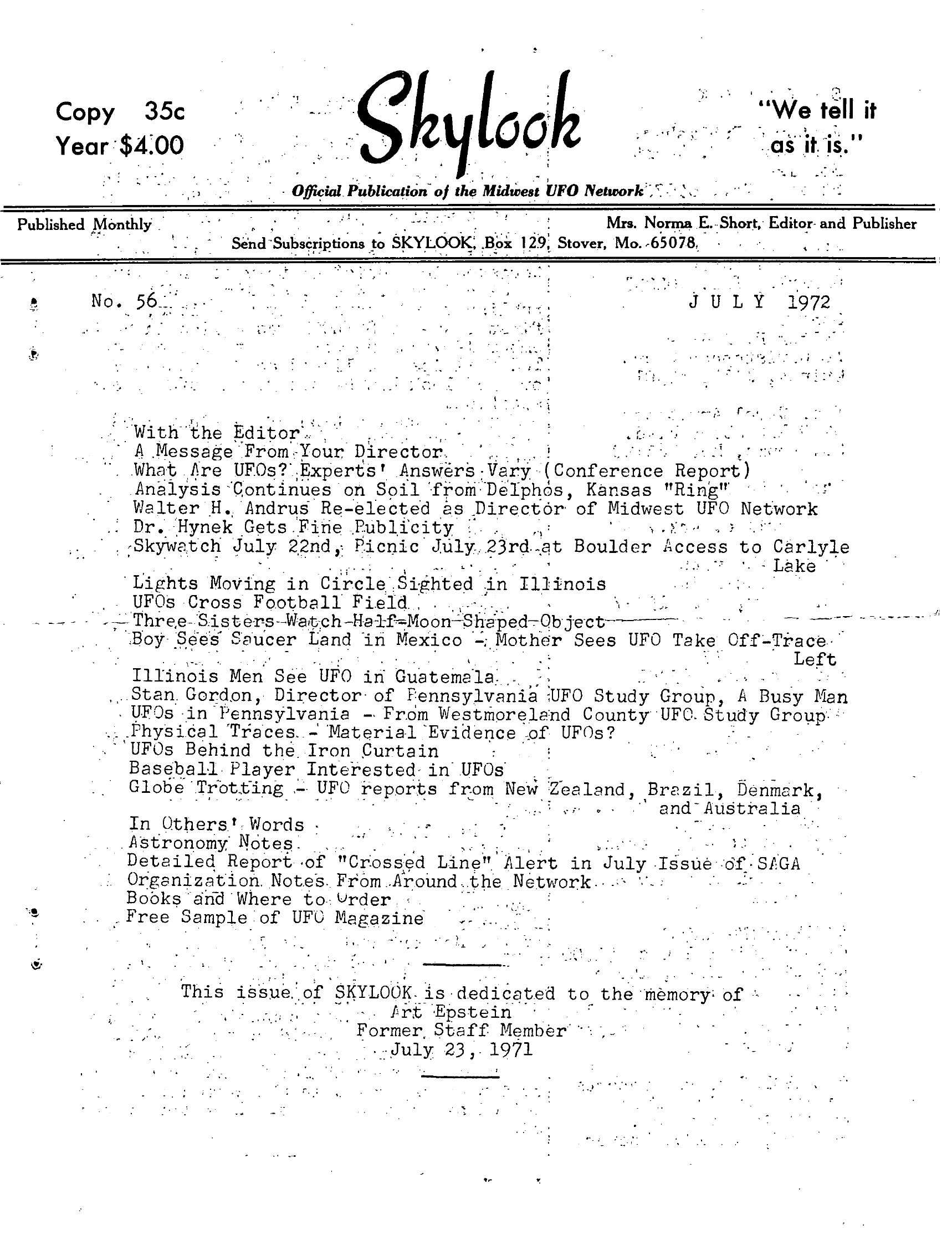 Mufon Ufo Journal 1972 7 July Skylook Page 1