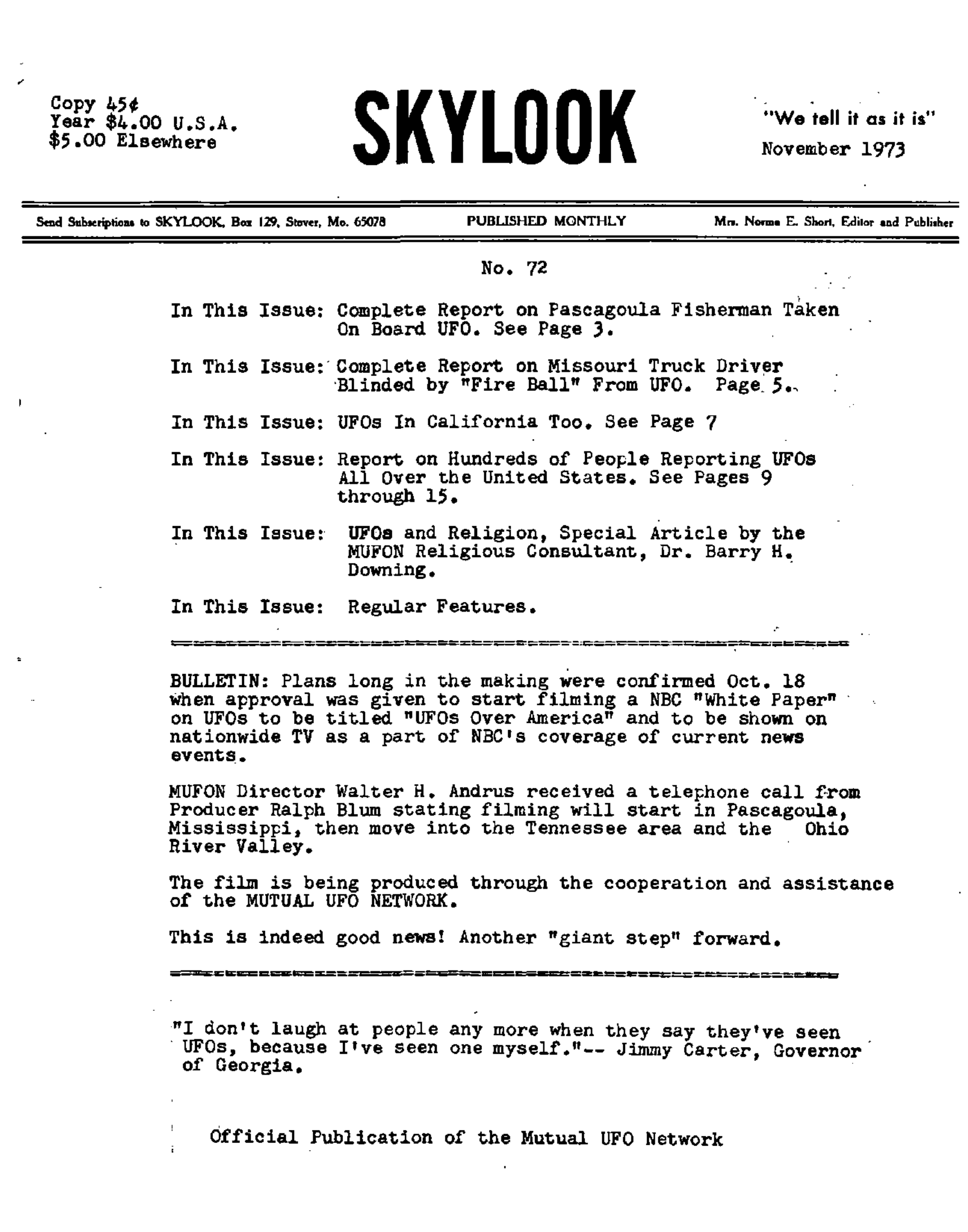 Mufon Ufo Journal 1973 11 November Skylook Page 1