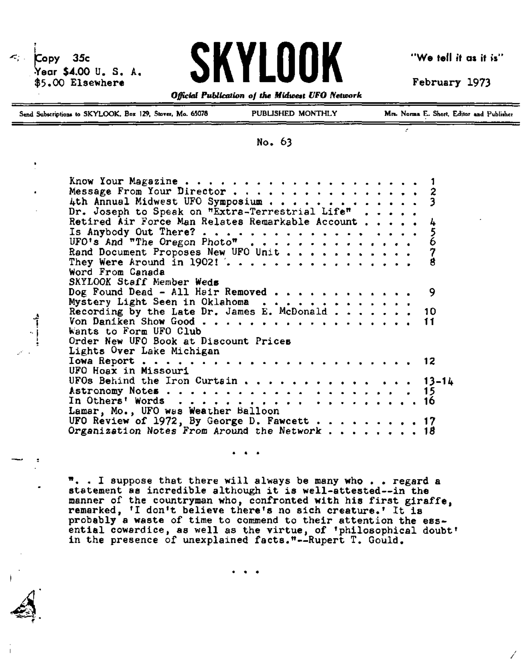 Mufon Ufo Journal 1973 2 February Skylook Page 1