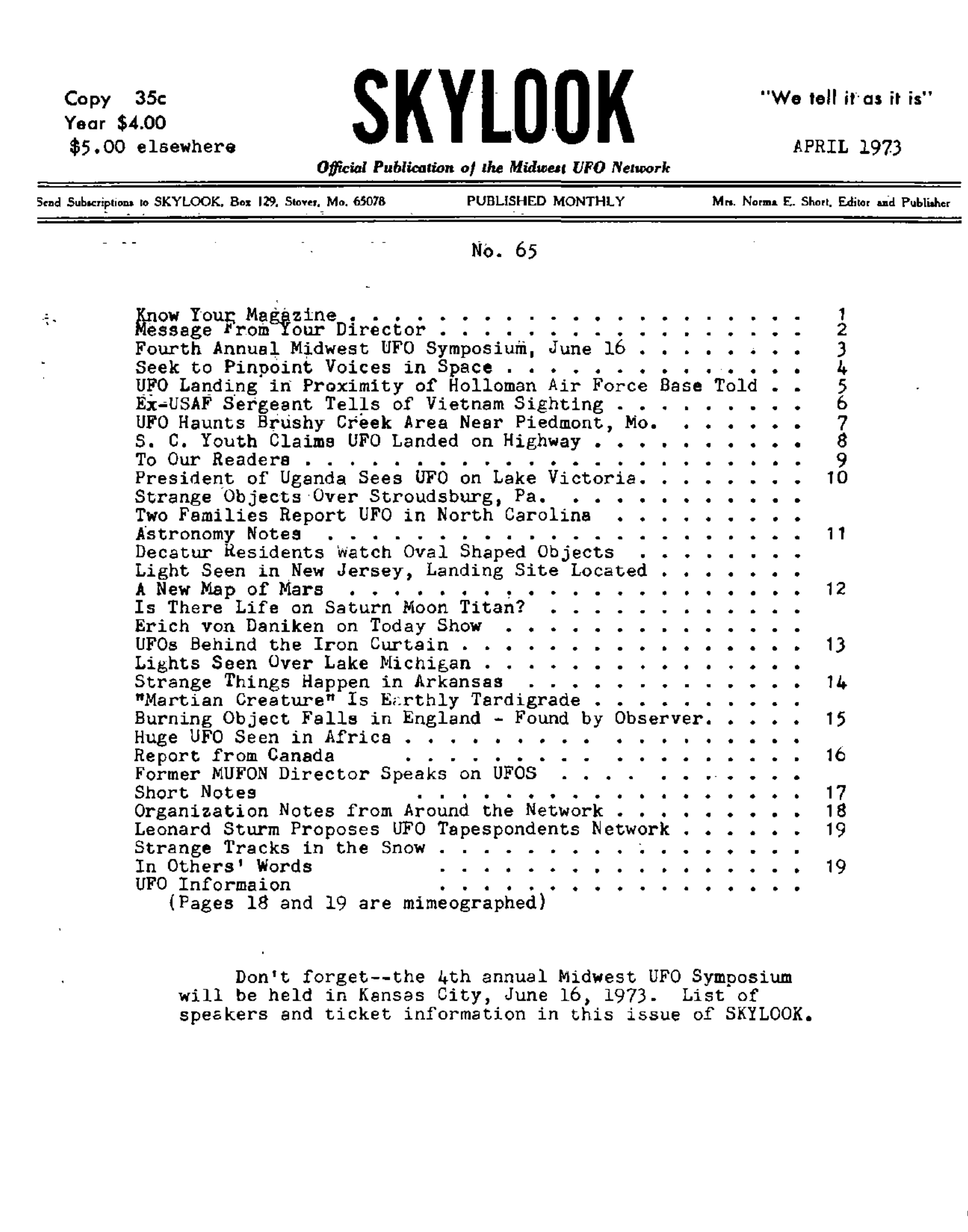 Mufon Ufo Journal 1973 4 April Skylook Page 1