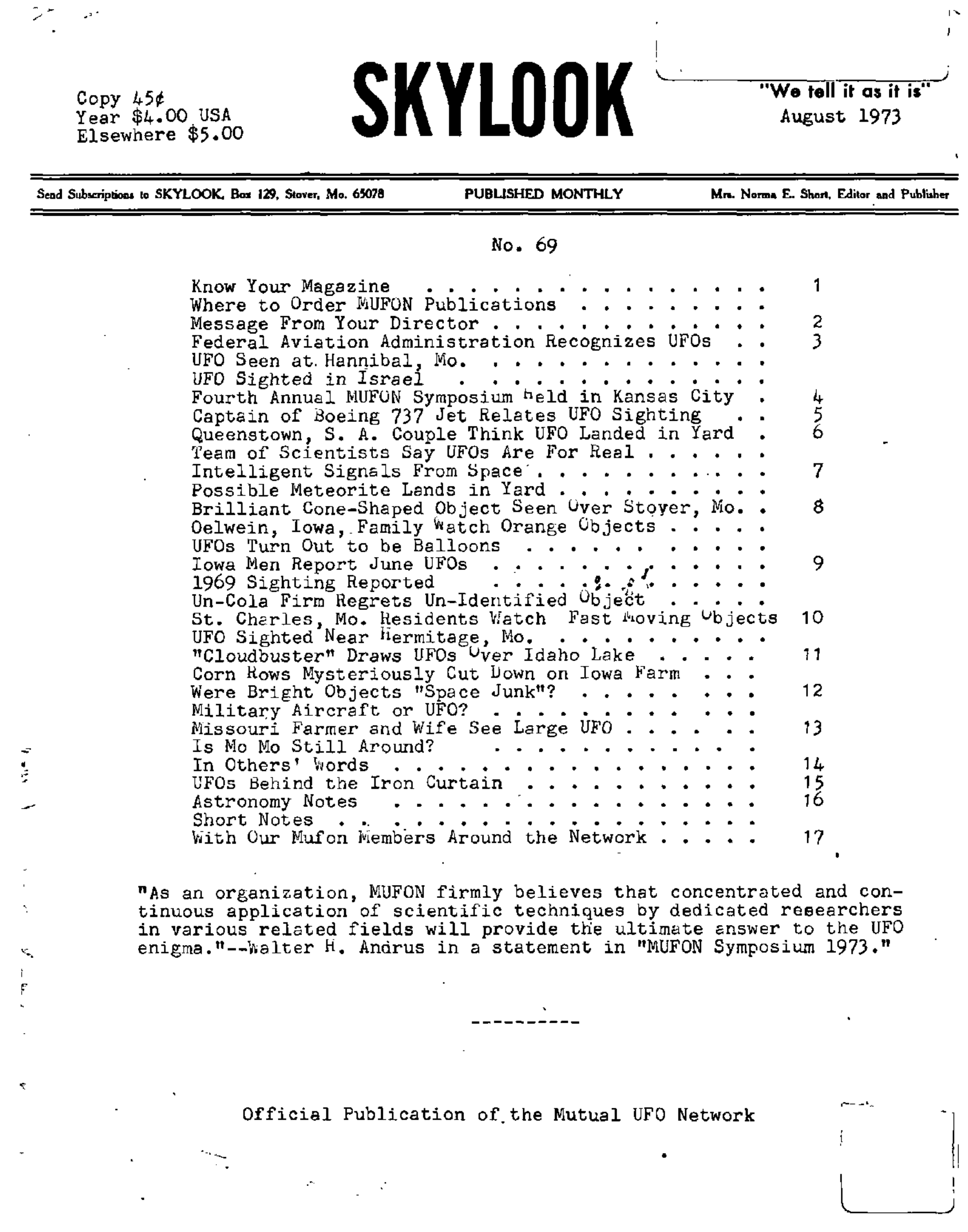 Mufon Ufo Journal 1973 8 August Skylook Page 1