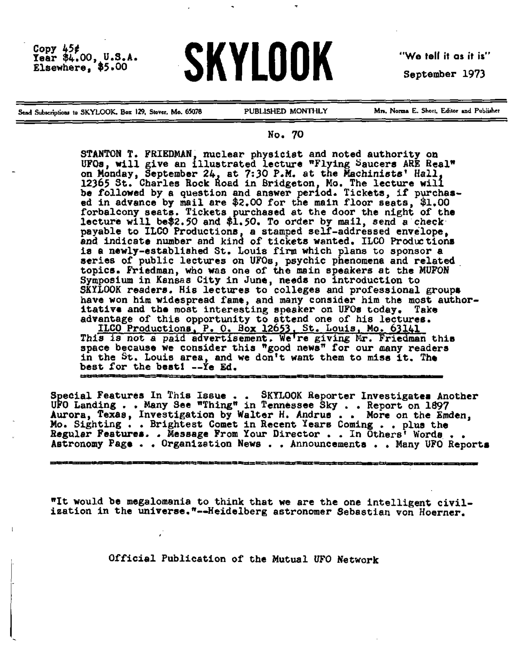 Mufon Ufo Journal 1973 9 September Skylook Page 1