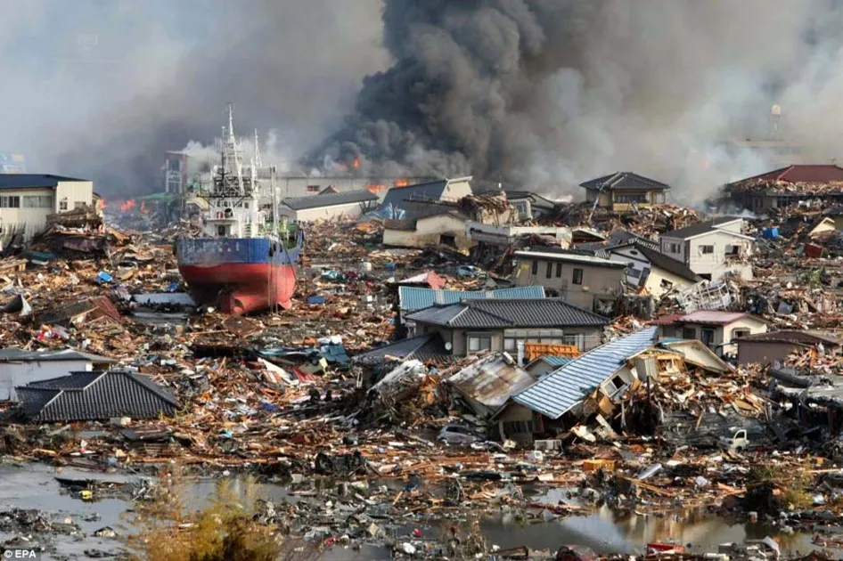 Overview of a coastal city devastated by a natural disaster, showcasing destruction and debris