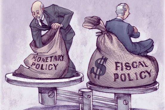 Cartoon illustration depicting the balance between fiscal policy and monetary policy, highlighting economic concepts