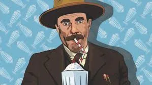 A retro illustration of a man wearing a hat, enjoying a milkshake with a straw. Background features ice cream cones and milkshake motifs