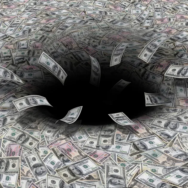 A vortex of dollar bills swirling towards a dark center, symbolizing misallocation of financial resources