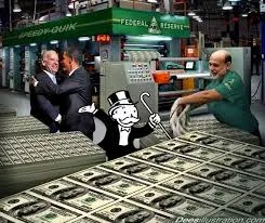 Illustration of Monopoly Money alongside real currency at the Federal Reserve