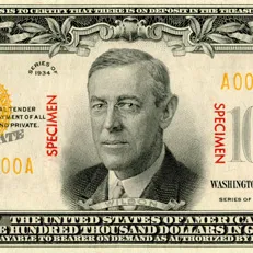 100 dollar bill featuring Woodrow Wilson
