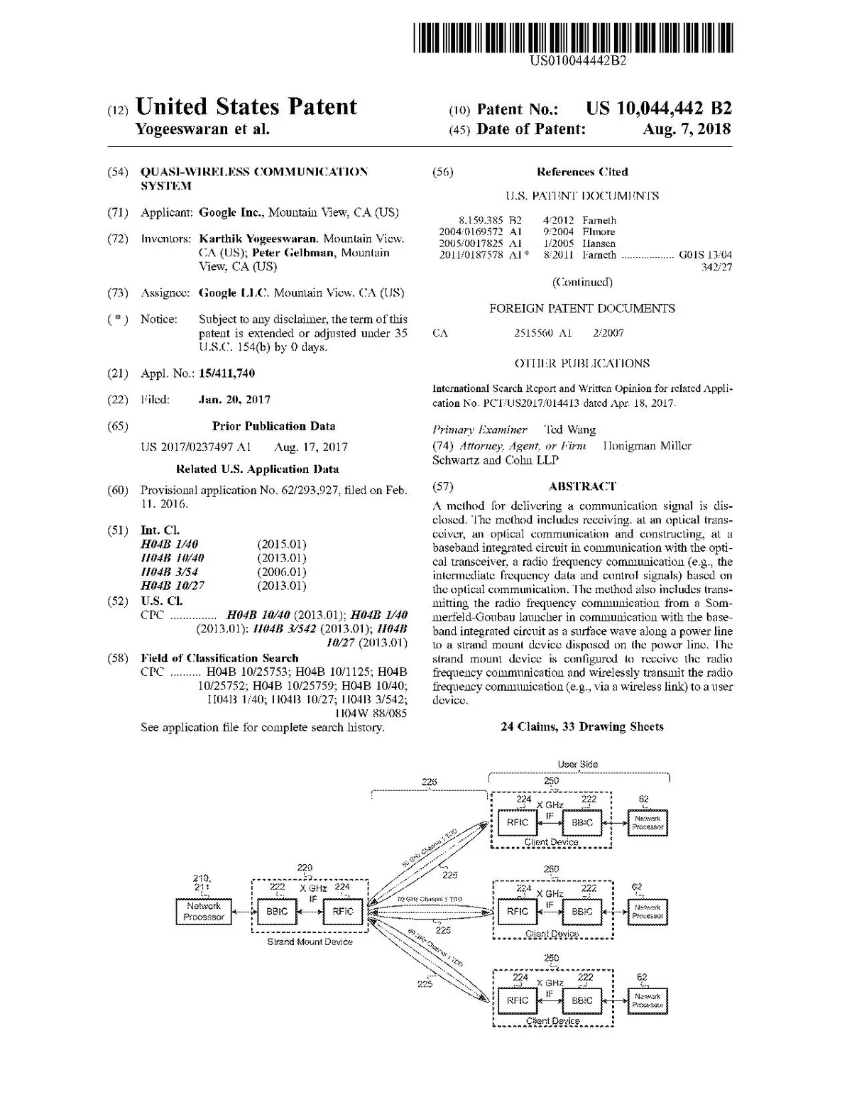 Patent diagram for the QUASI-WIRELESS COMMUNICATION SYSTEM, US 10,044,442 B2, issued on August 7, 2018