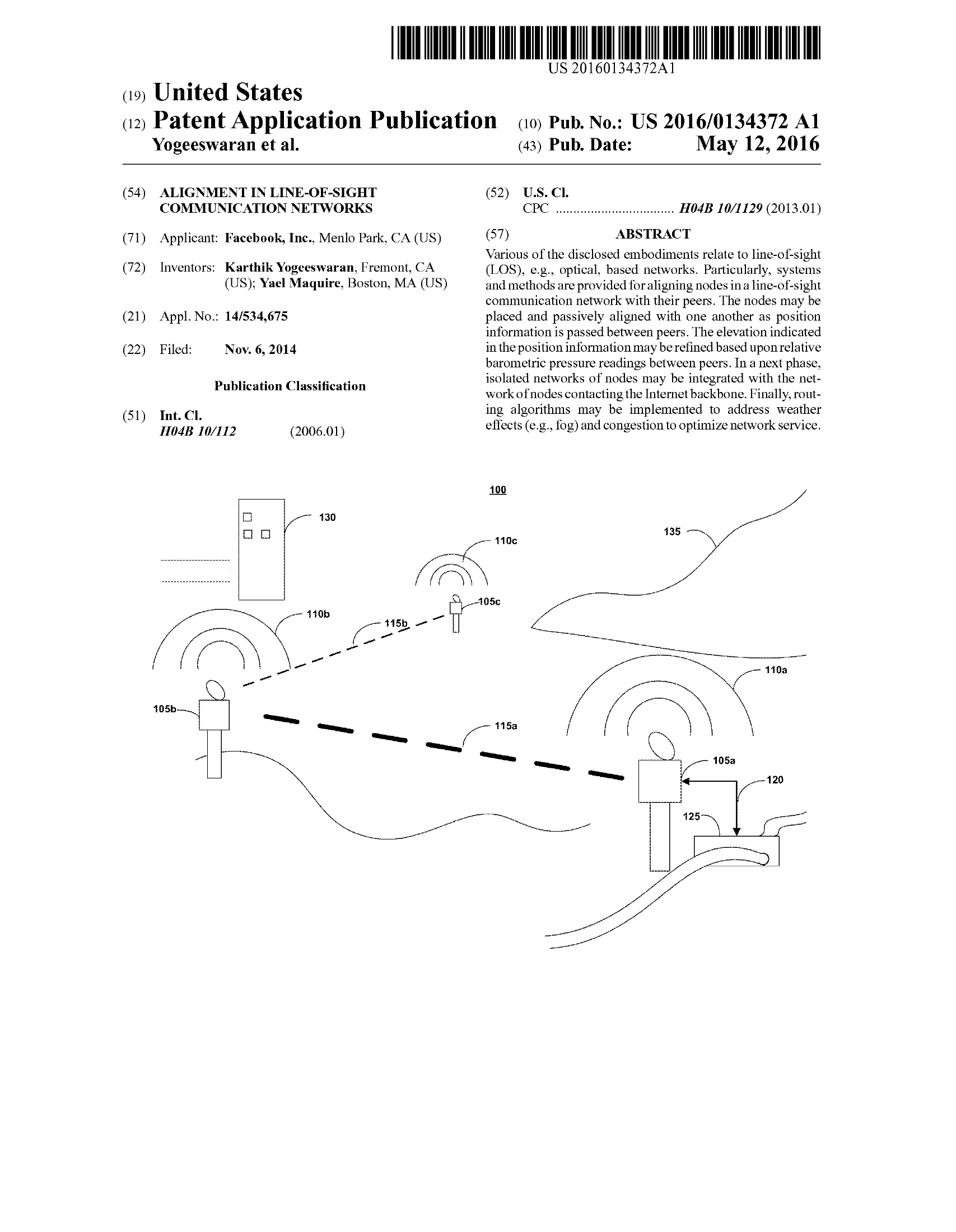 Diagram illustrating alignment in line-of-sight communication networks from US Patent 20160134372 A1