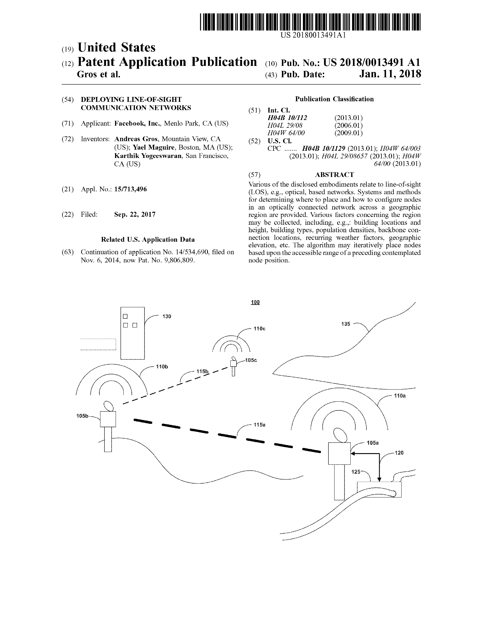 Illustration of a patent application for deploying line-of-sight communication networks, showing connections and network elements