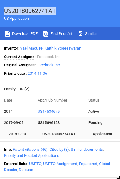 Illustration of patent US20180062741A1 related to Facebook technologies