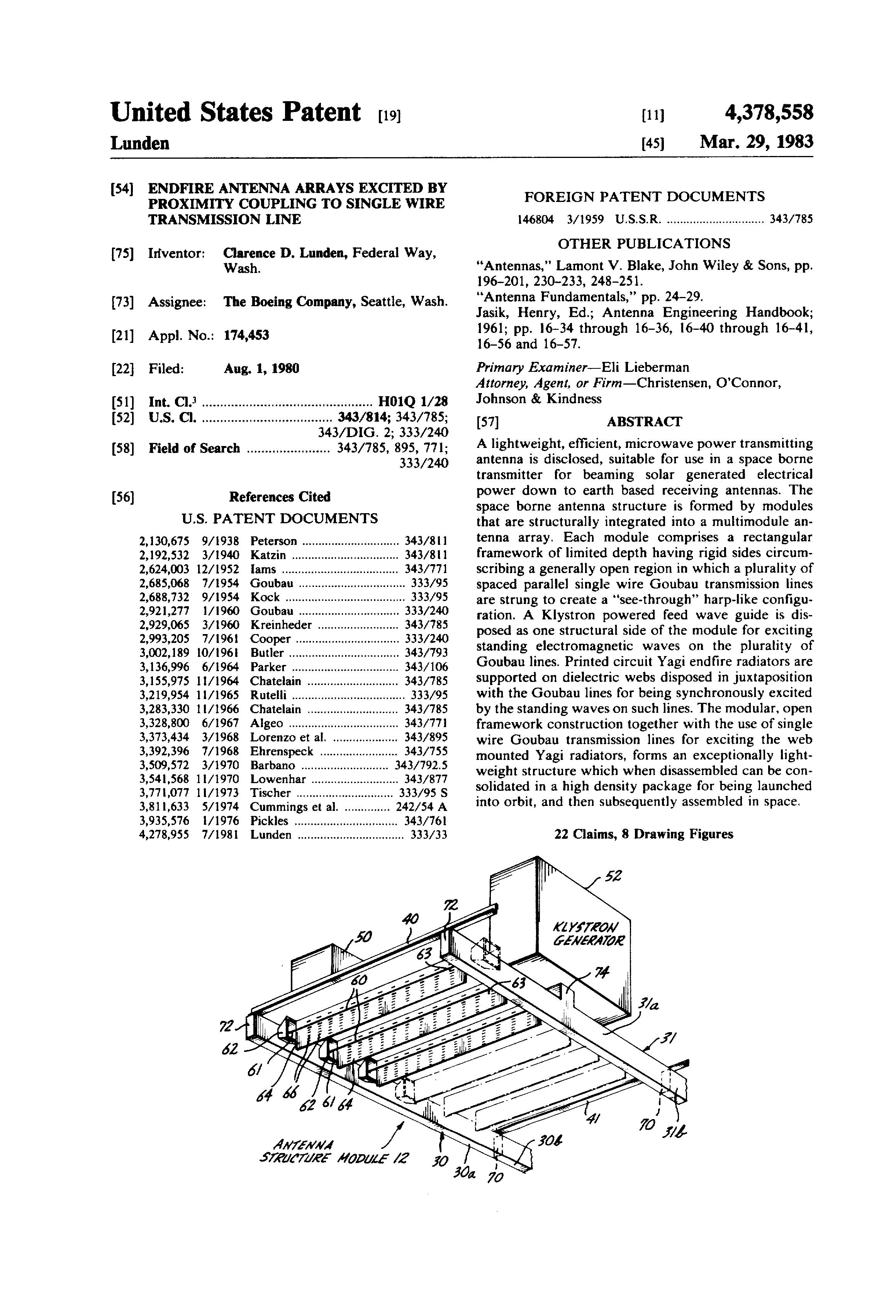 Endfire Antenna Array Patent - US 4,378,558