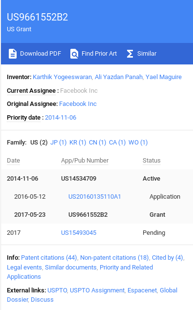 US Patent US9661552B2 document showing grant details and inventors