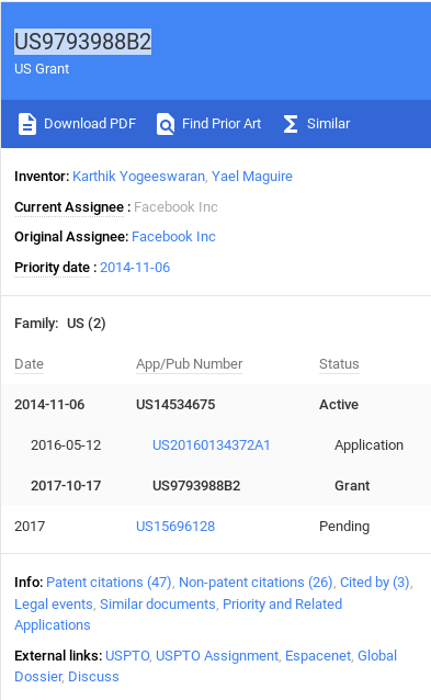 Patent information diagram for US9793988B2, outlining inventors and assignee details