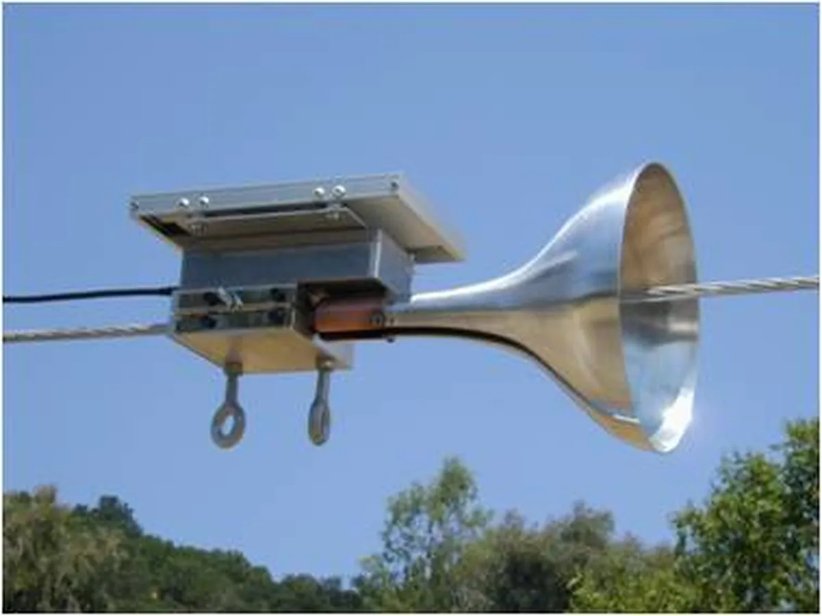 Goubau communication device mounted on a wire, showcasing its unique design and metallic finish