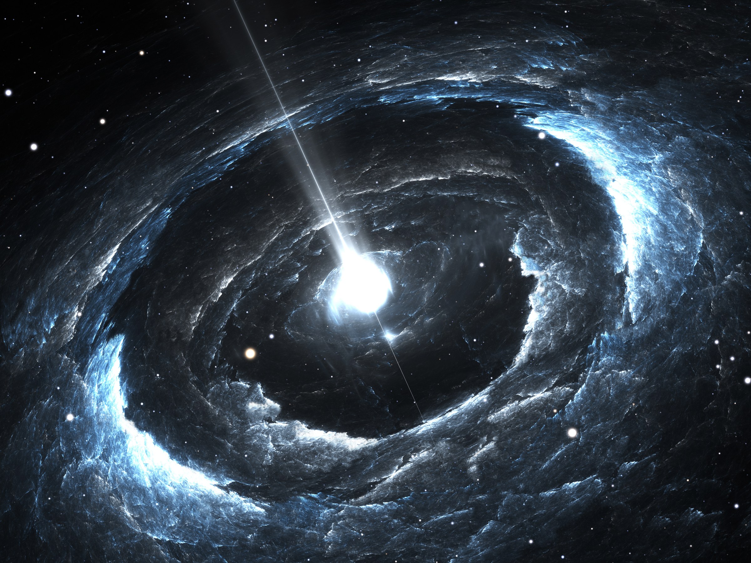 Artistic illustration of a black hole with an accretion disk and relativistic jets in space