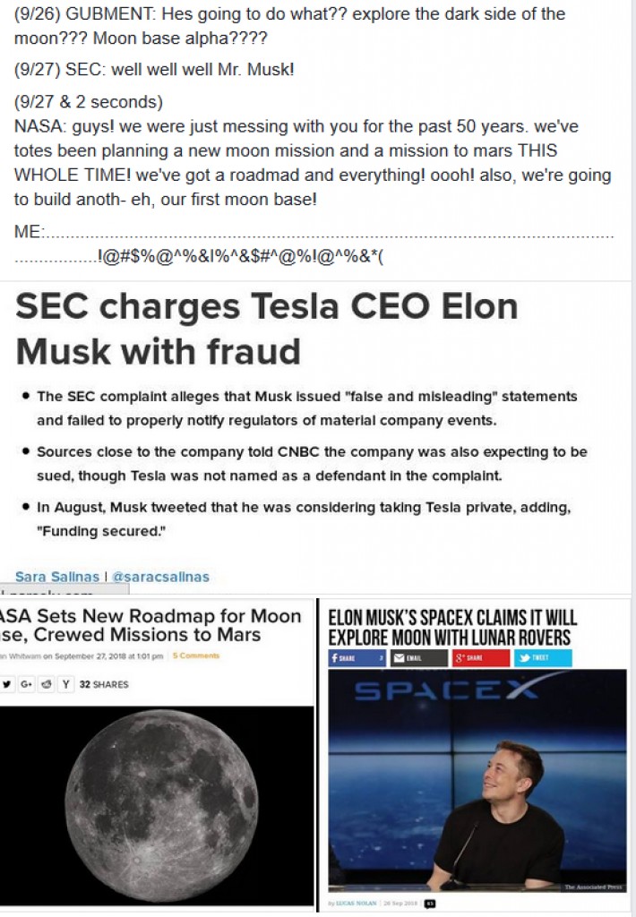 Collage of September 2018 headlines: SEC charges Tesla CEO Elon Musk with fraud, NASA sets new roadmap for a moon base and crewed Mars missions, and SpaceX claims it will explore the Moon with lunar rovers, above the author's satirical timeline