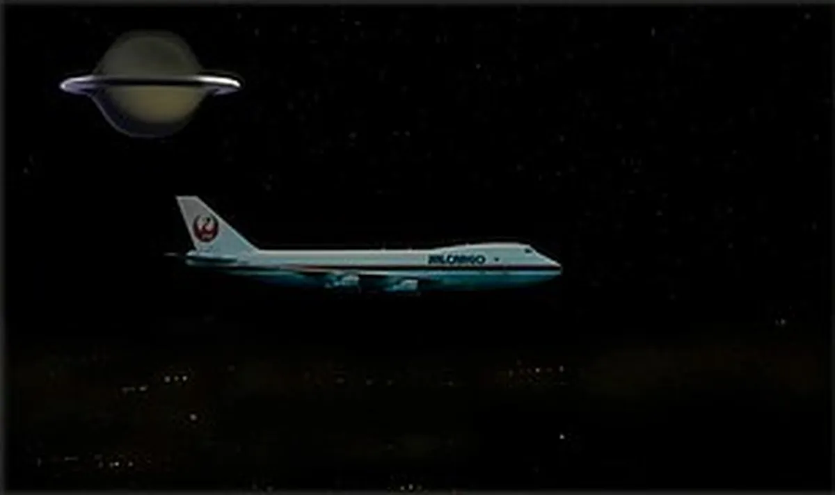 A UFO flying near Saturn in a starry sky alongside a passenger airplane