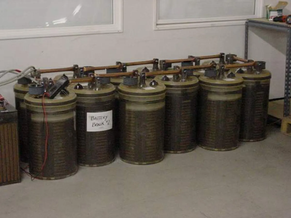 Nikola Tesla's battery bank showcasing large cylindrical batteries