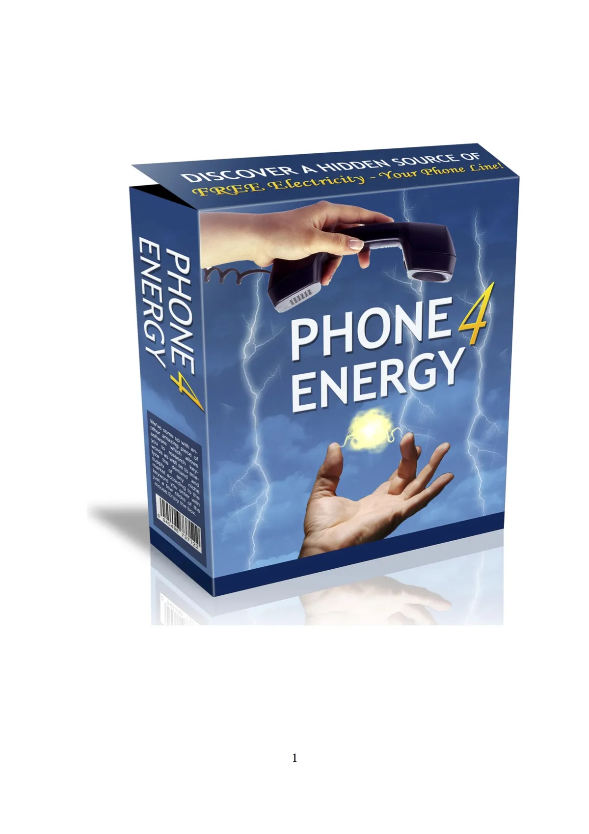 A box claiming to harness free electricity from a phone line, featuring a hand holding a telephone and an electric spark