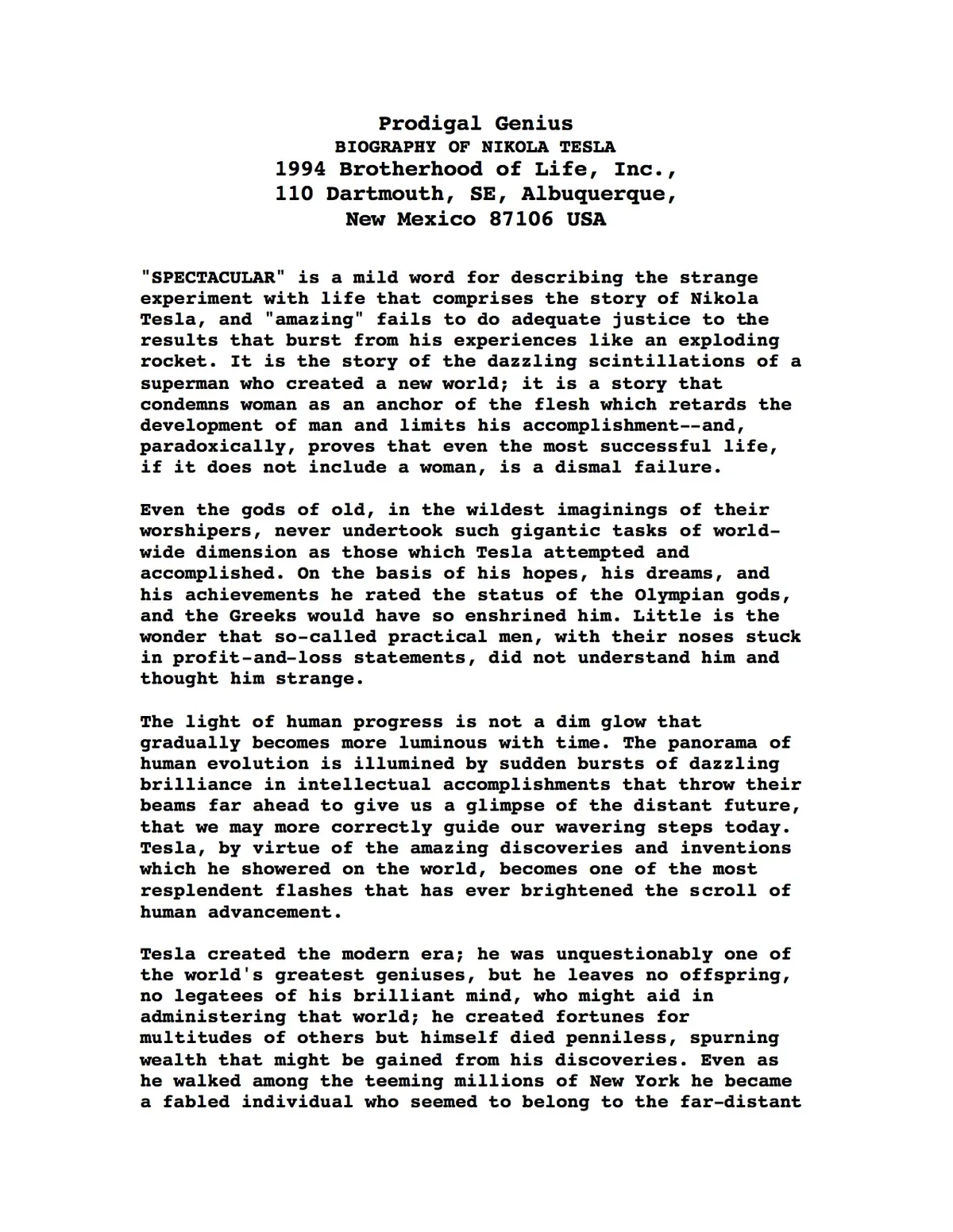 A page from the biography of Nikola Tesla, titled "Prodigal Genius," highlighting his contributions and struggles