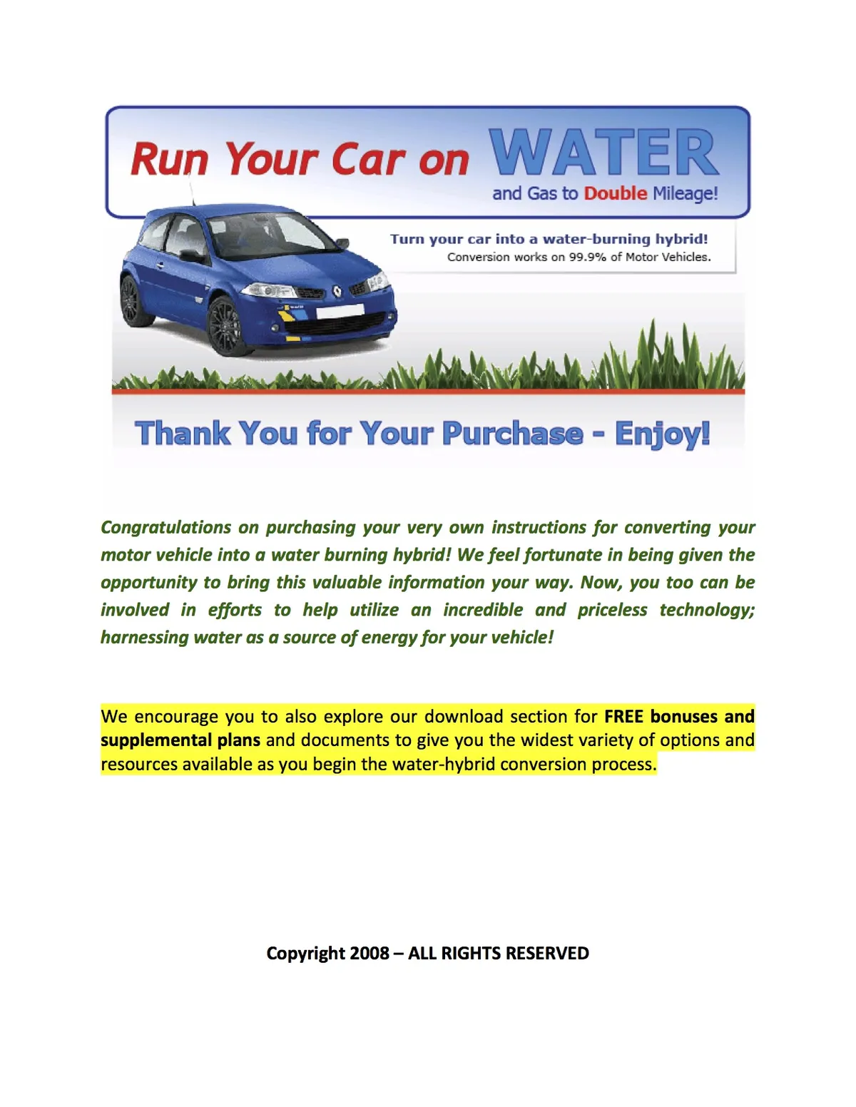A promotional image illustrating a vehicle conversion to run on water, featuring a blue car and text about water hybrid technology