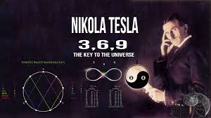 3, 6, 9 - The Key to the Universe Nikola Tesla standing with visual elements representing the numbers 3, 6, and 9, including geometric shapes and symbols