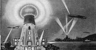 Illustration of Nikola Tesla's wireless energy transmission tower