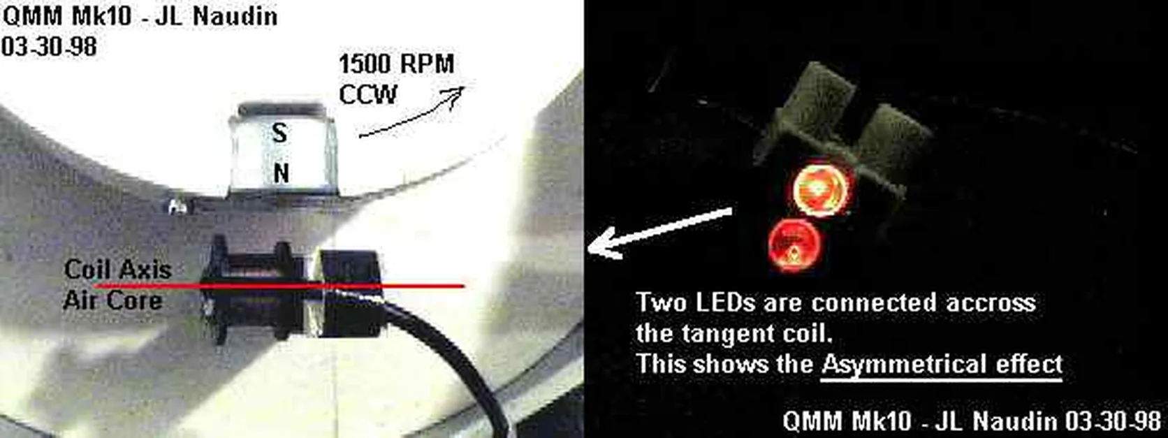 Image showing the asymmetrical LED effect in a QMM Mk10 device by JL Naudin