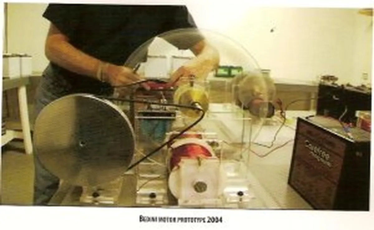 Nikola Tesla's engine prototype from 2004 showing intricate design and components