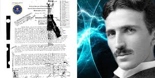 Historical FBI documents related to Nikola Tesla alongside a portrait of the inventor