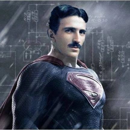 Photo illustration of Nikola Tesla's head on a Superman costume in front of a circuit schematic