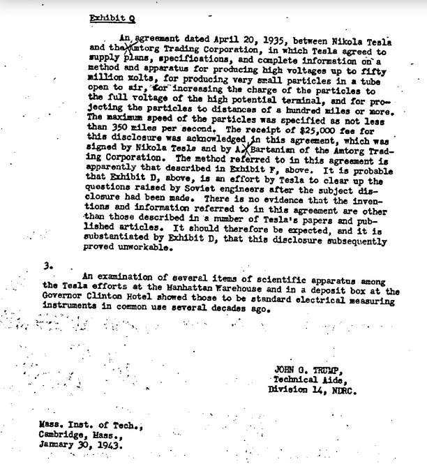 Nikola Tesla agreement document with historical context involving Donald Trump and Bill Clinton