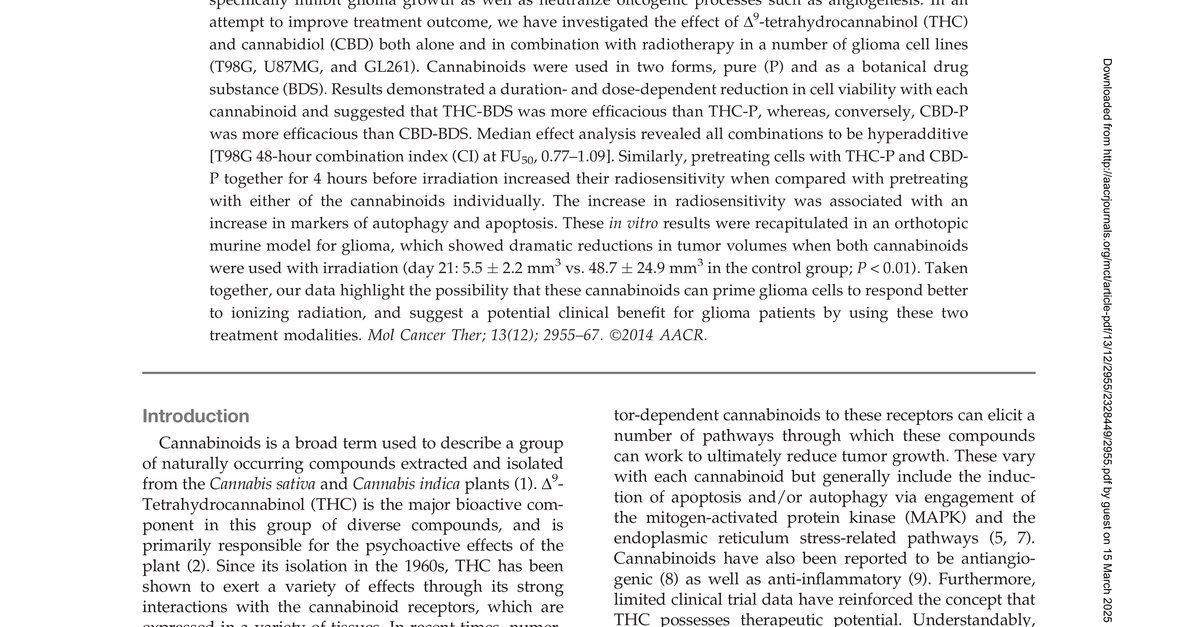 The Combination of Cannabidiol and D9 Tetrahydrocannabinol Enhances the Anticancer Effects of Radiation in an Orthotopic Murine Glioma Model