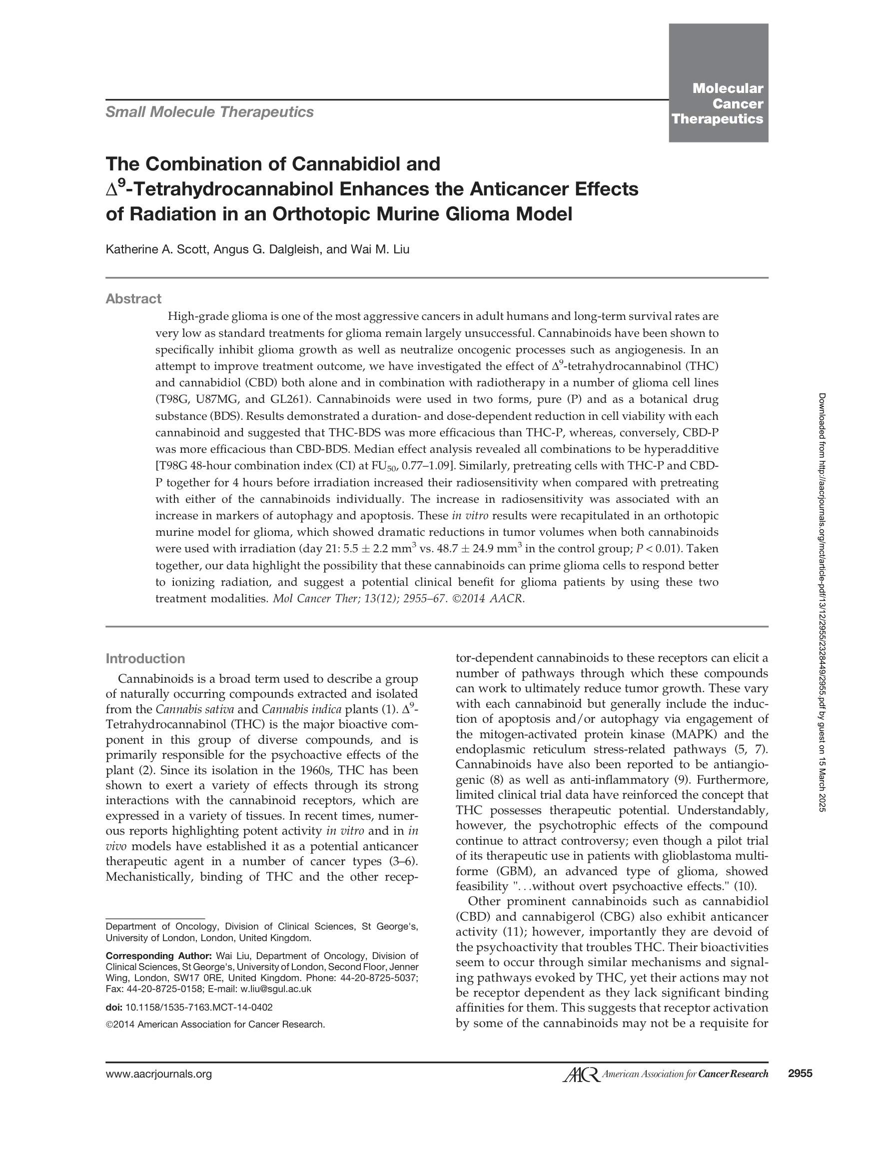 The Combination Of Cannabidiol And D9 Tetrahydrocannabinol Enhances The Anticancer Effects Of Radiation In An Orthotopic Murine Glioma Model