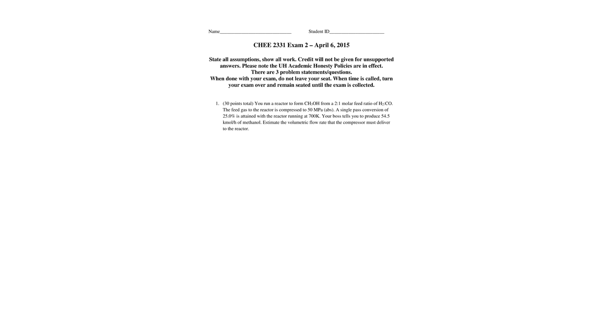 CHEE 2331 Exam 2
