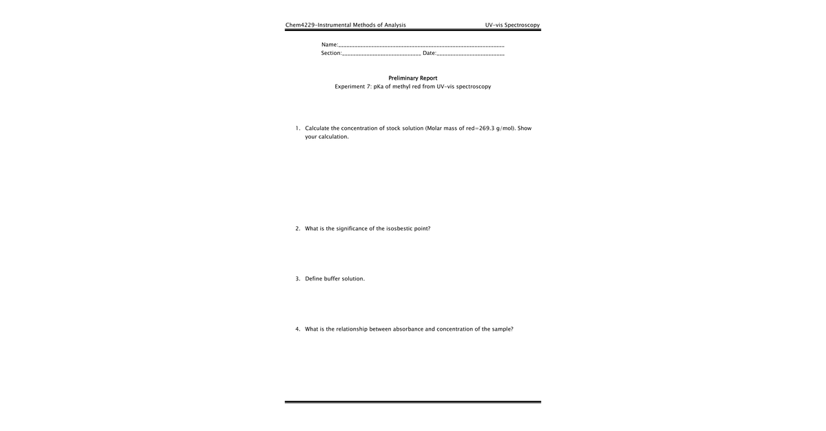05 PKa Of Methyl Red UV Vis Expt Prelab Questions