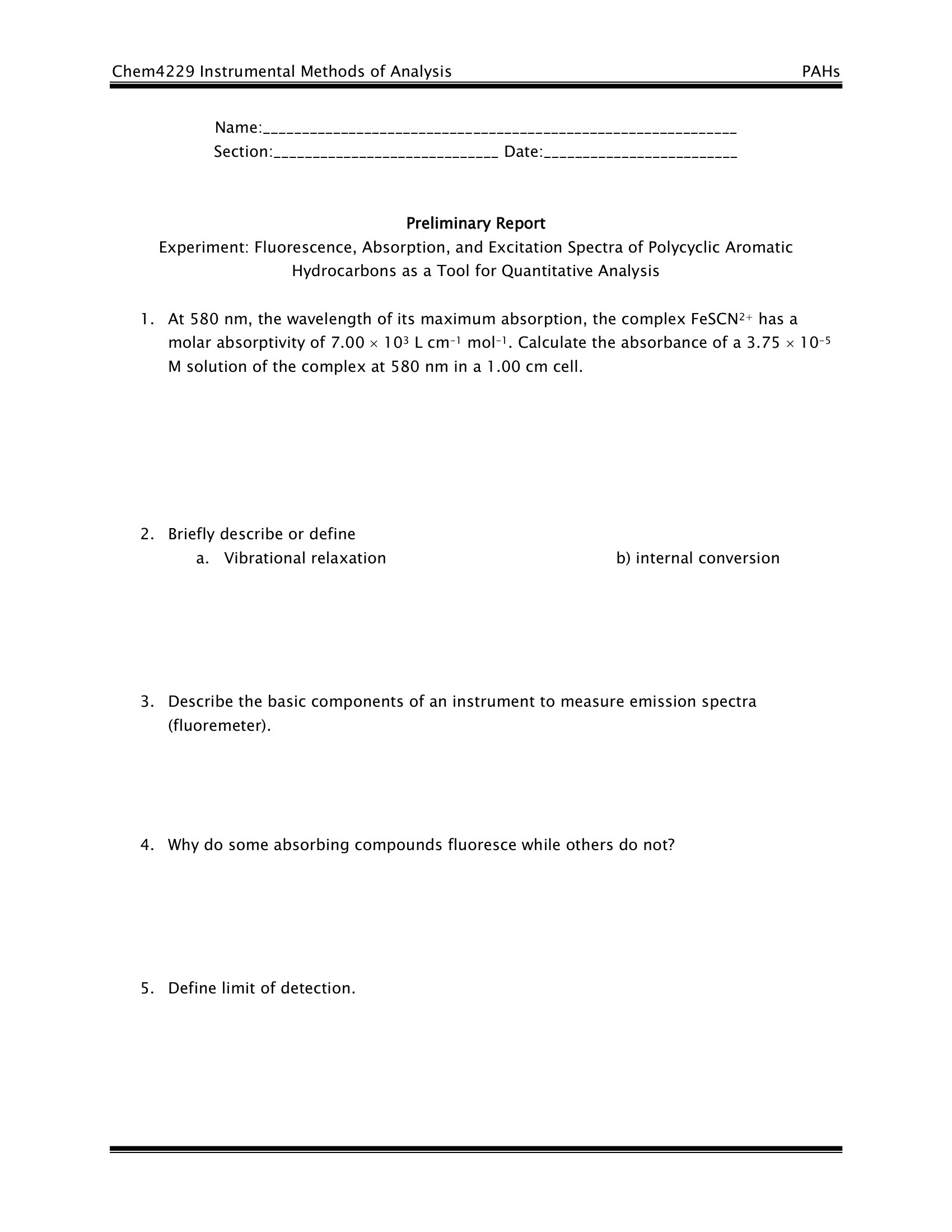 01 Fluorescence Of Polycyclic Aromatic Hydrocarbons Prelab Questions